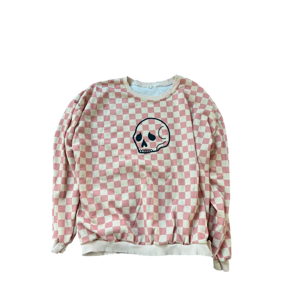 Indy and Pippa Pink Checkerboard Skull Graphic Sweatshirt 2XL